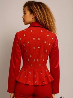 Red Faux Suede and Satin Peplum Jacket with Grommet Detail